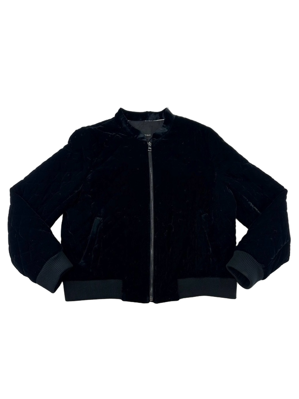 Banana Republic black velvet quilted bomber Womens Large zip front pockets Glam